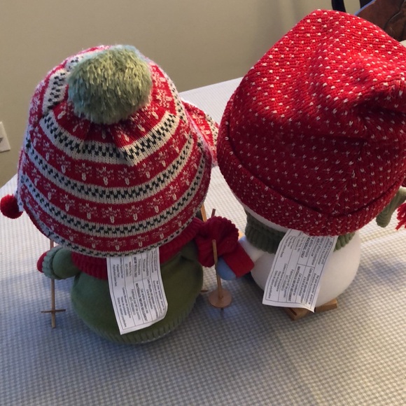 Vintage Set of 2 Skiing Snowmen Colourful Knit Toques & Scarves 12” Tall #OS - Picture 2 of 8